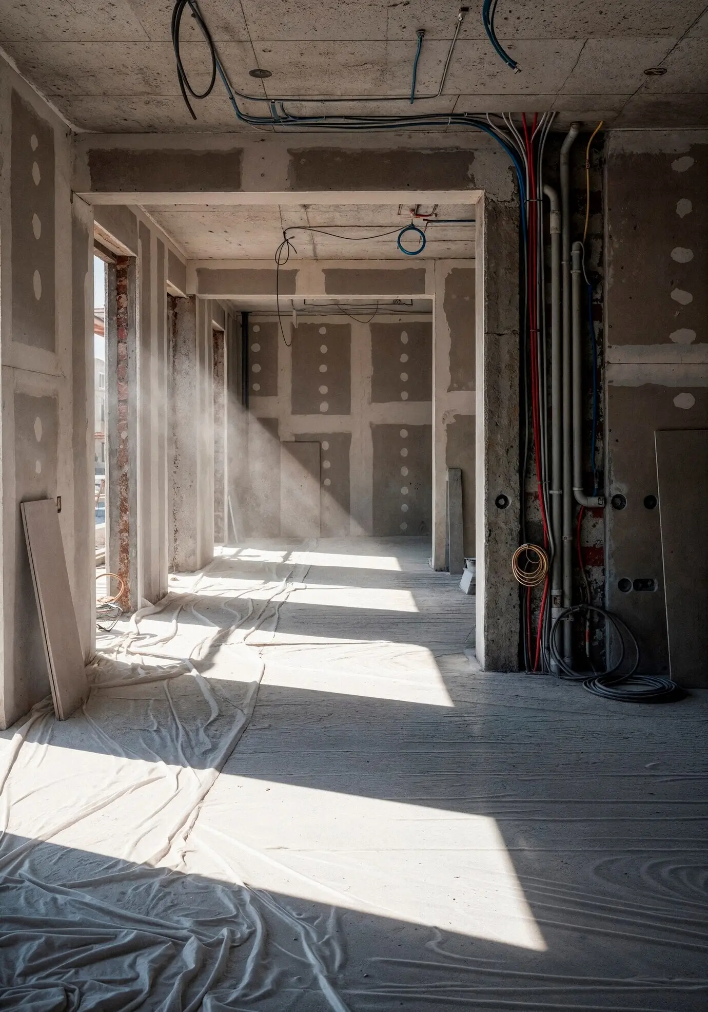 Innenraum einer Baustelle mit Sonnenlicht